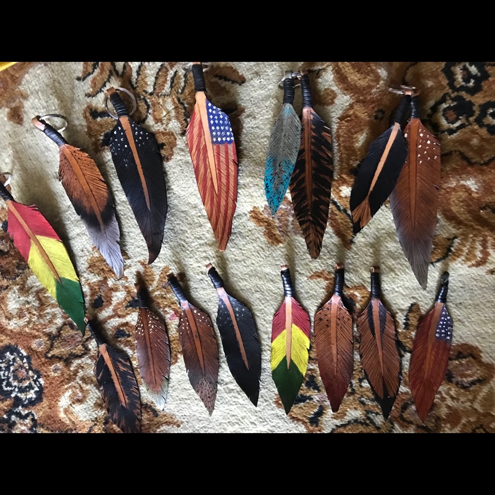 Hand-tooled leather feather keychains